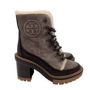 Tory Burch Miller Shearling Lug Sole Boot Gray Brown Leather Suede 87386 Sz 6.5M